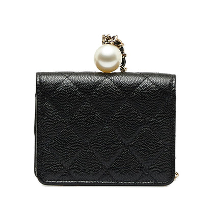 Chanel Matrases Cocomark Fake Pearl Chain CoinPars Card Case Black Caviar   CHANEL