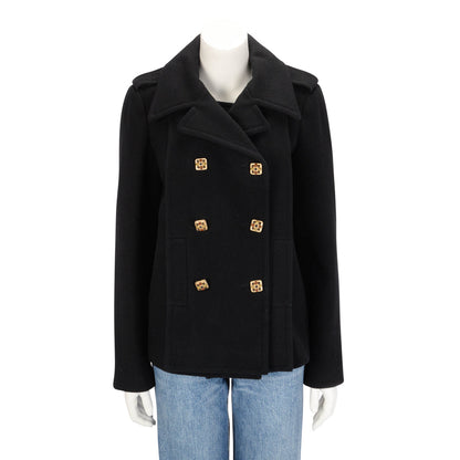 Chanel Black Wool Melton Gripoix Button Pea Coat FR 40