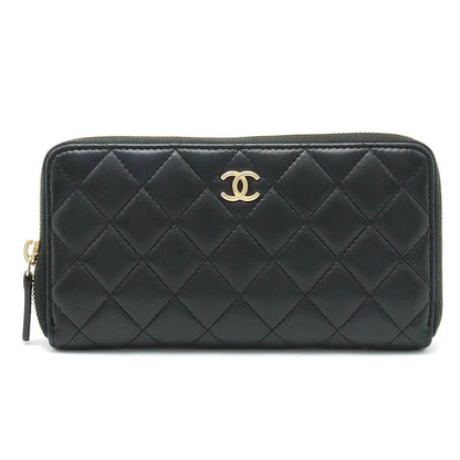 Chanel Wallet Inner Logo Kittening Round Fassner Long Wallet Ram Skin Leather Black Black Silver Gold  AP0041