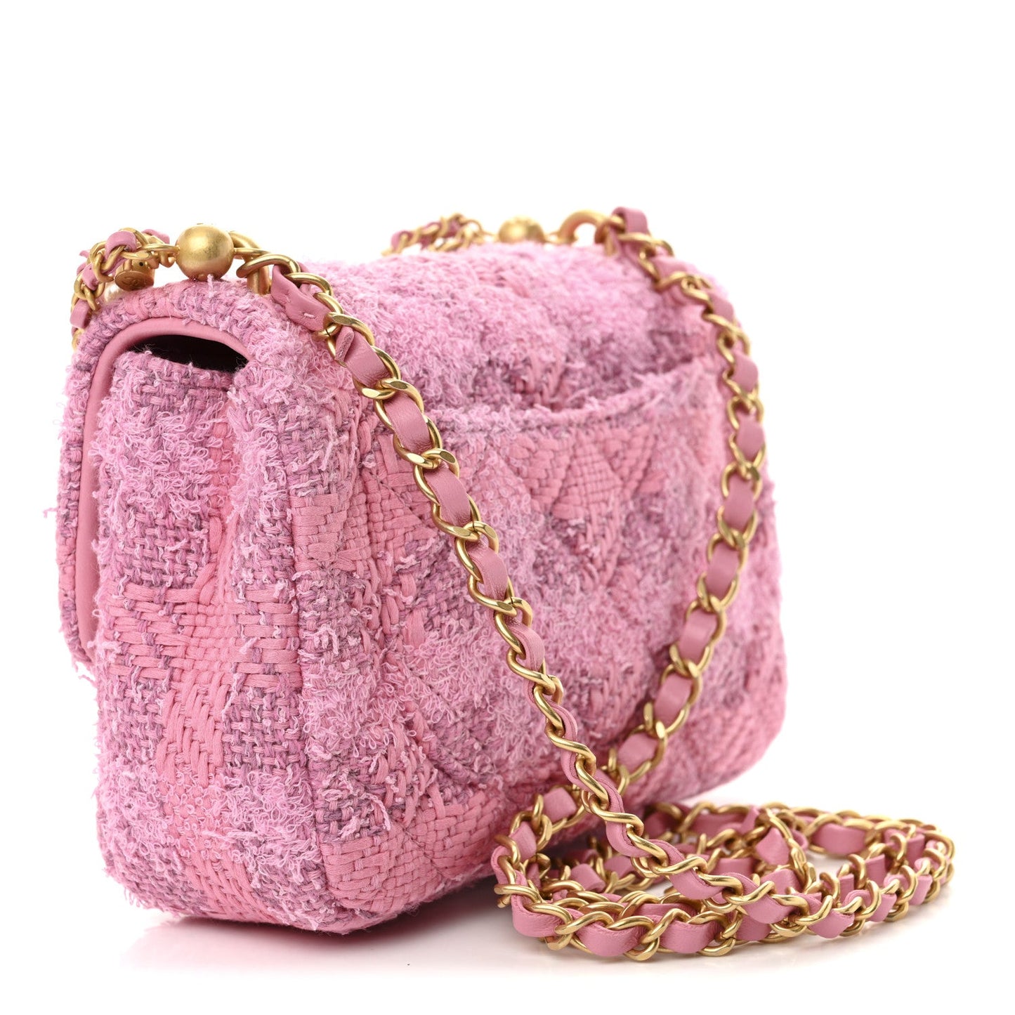 Tweed Quilted Pearl Twist Mini Square Flap Pink Dark Pink