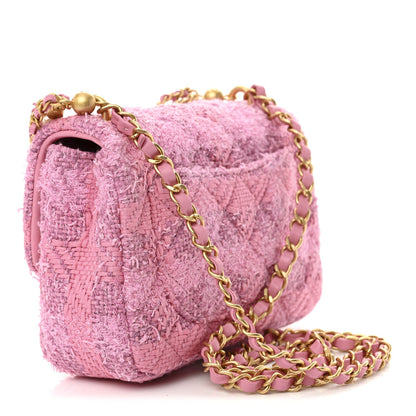 Tweed Quilted Pearl Twist Mini Square Flap Pink Dark Pink