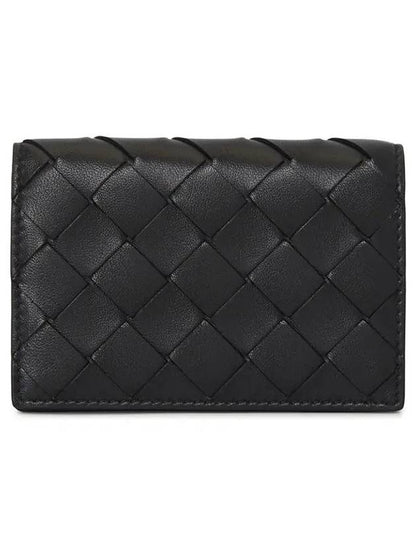 Luxury Bottega Veneta Intrecciato Flap Business Card Wallet Black
