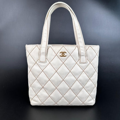 Chanel CC Wild Stitch Leather Handbag White Pony-style calfskin MR