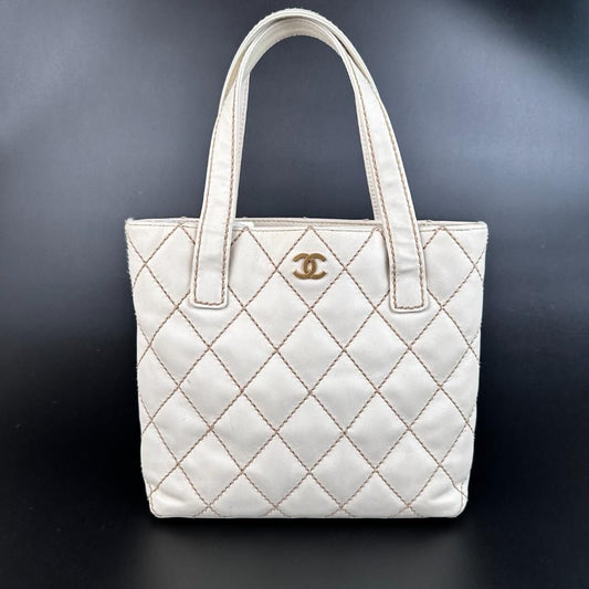Chanel CC Wild Stitch Leather Handbag White Pony-style calfskin MR