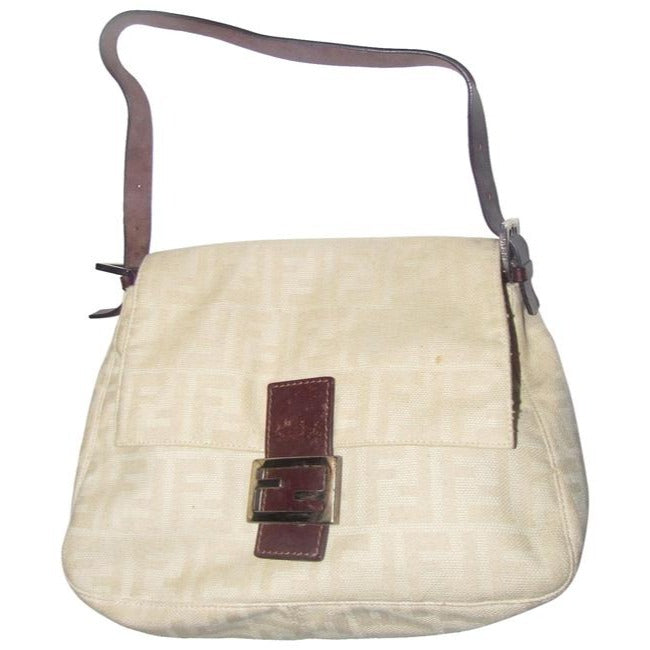 Fendi Mamma Zucco Style Shoulder Purse Zucca Print In Shades Of Tan Canvas And Leather Satchel