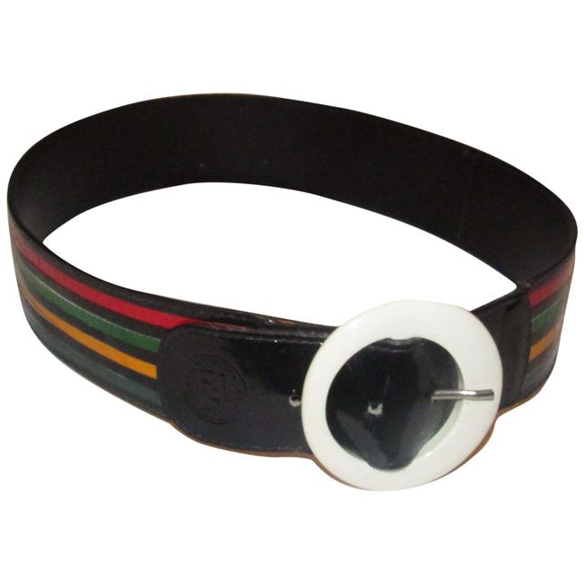 Vintage, OoaK, Fendi, black leather belt with a white Lucite buckle & four multi-color snakeskin leather stripes