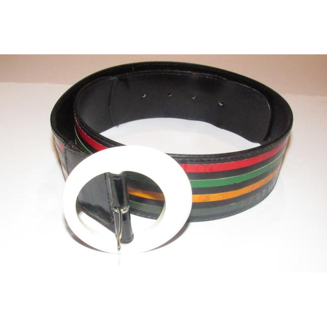 Vintage, OoaK, Fendi, black leather belt with a white Lucite buckle & four multi-color snakeskin leather stripes