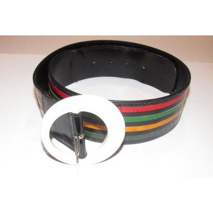 Vintage, OoaK, Fendi, black leather belt with a white Lucite buckle & four multi-color snakeskin leather stripes