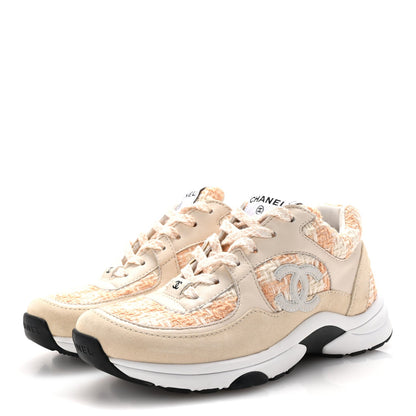 Tweed Suede Calfskin Womens CC Sneakers 35.5 Orange