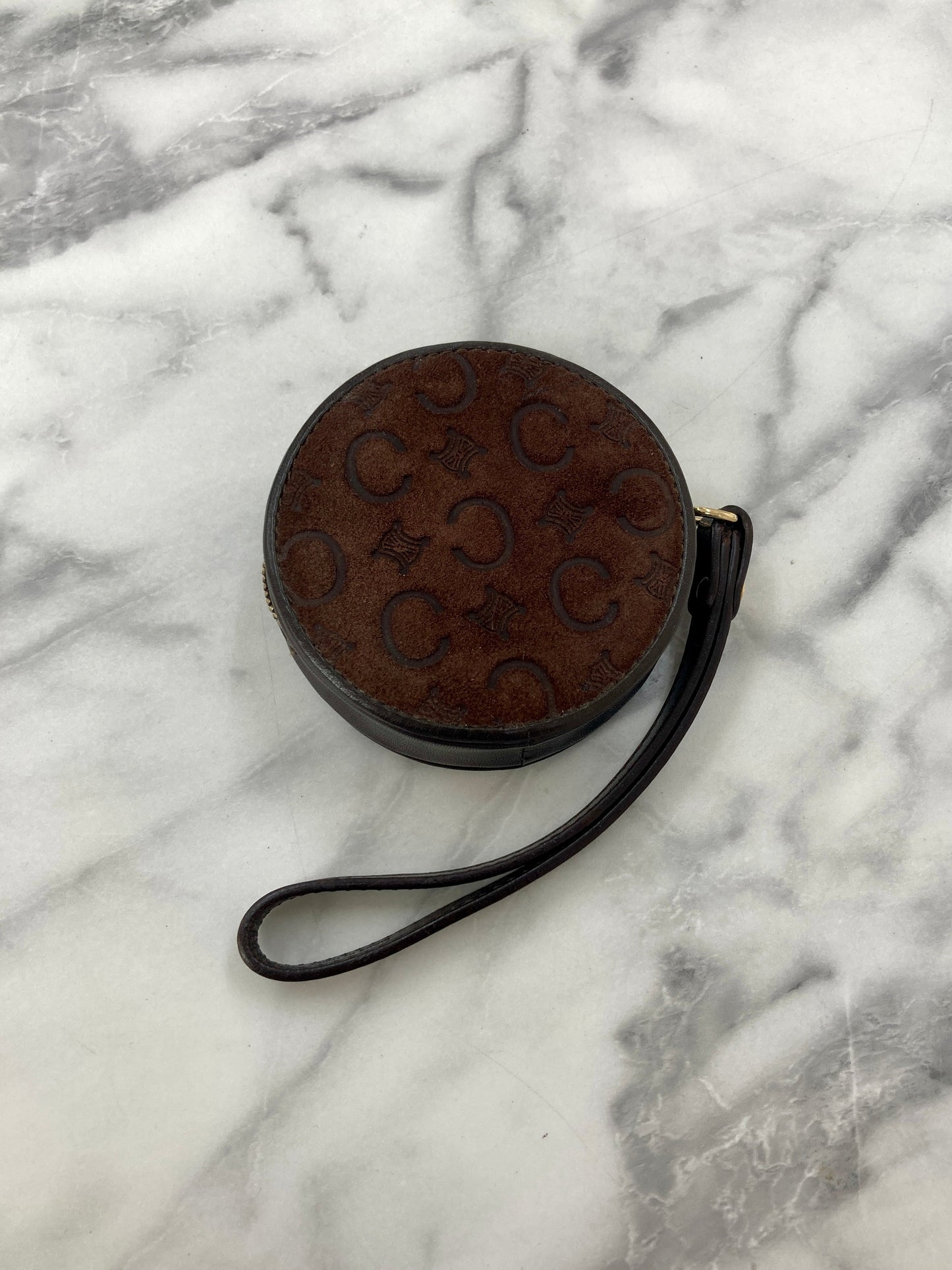 CELINE C- Suede Leather Round Coin Purse Brown Vintage 6z2vft