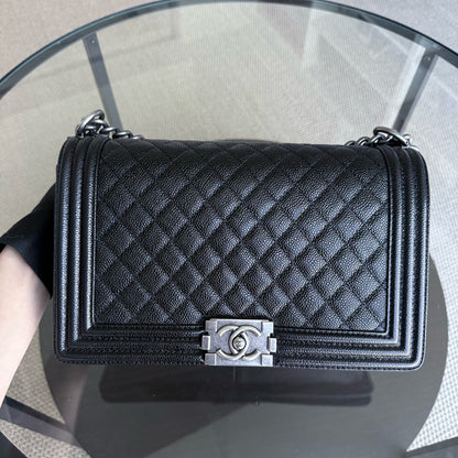 Chanel Boy Medium - Caviar 28CM New Medium Quilted Black Ruthenium Silver Hardware Series 19