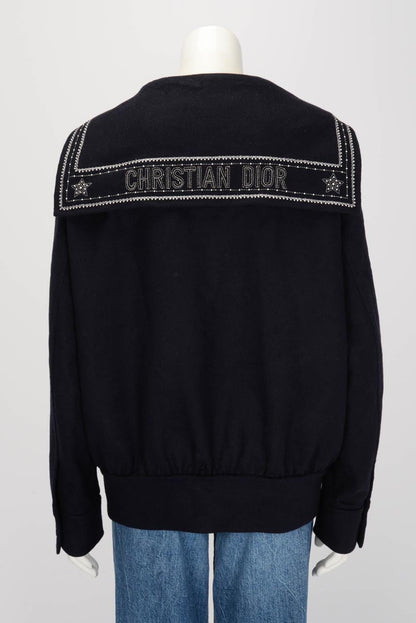Dior Navy Wool Pearl Embellished Logo Jacket FR 36