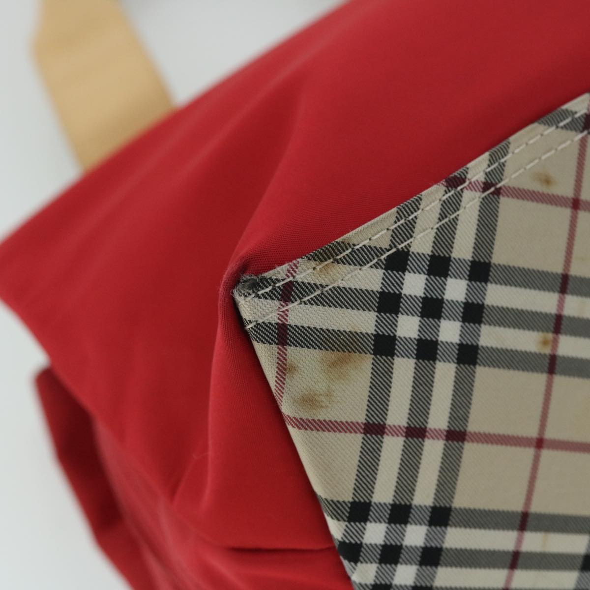 Burberry Nova Check Hand Bag Nylon Leather Red Beige Auth ac2171
