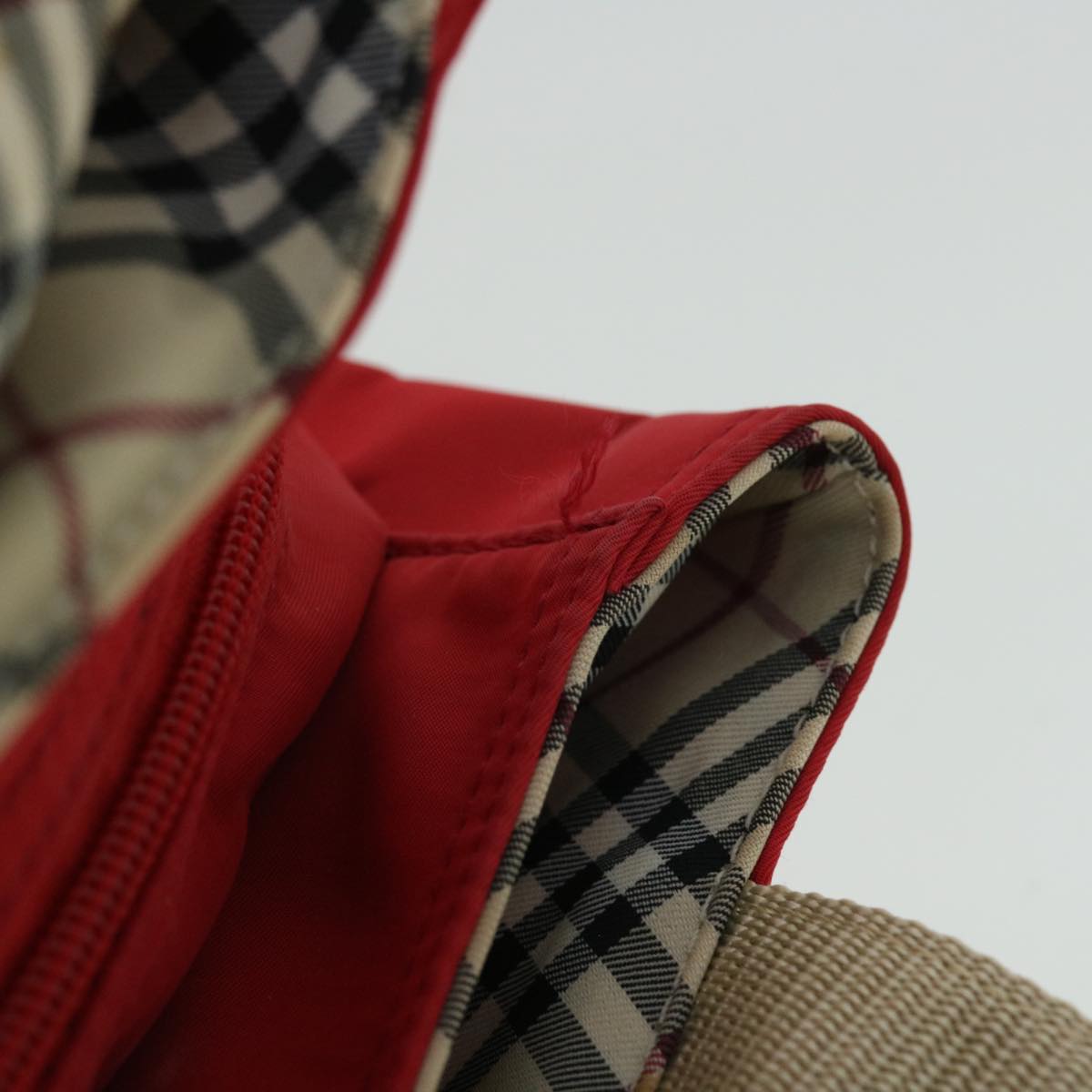 Burberry Nova Check Hand Bag Nylon Leather Red Beige Auth ac2171