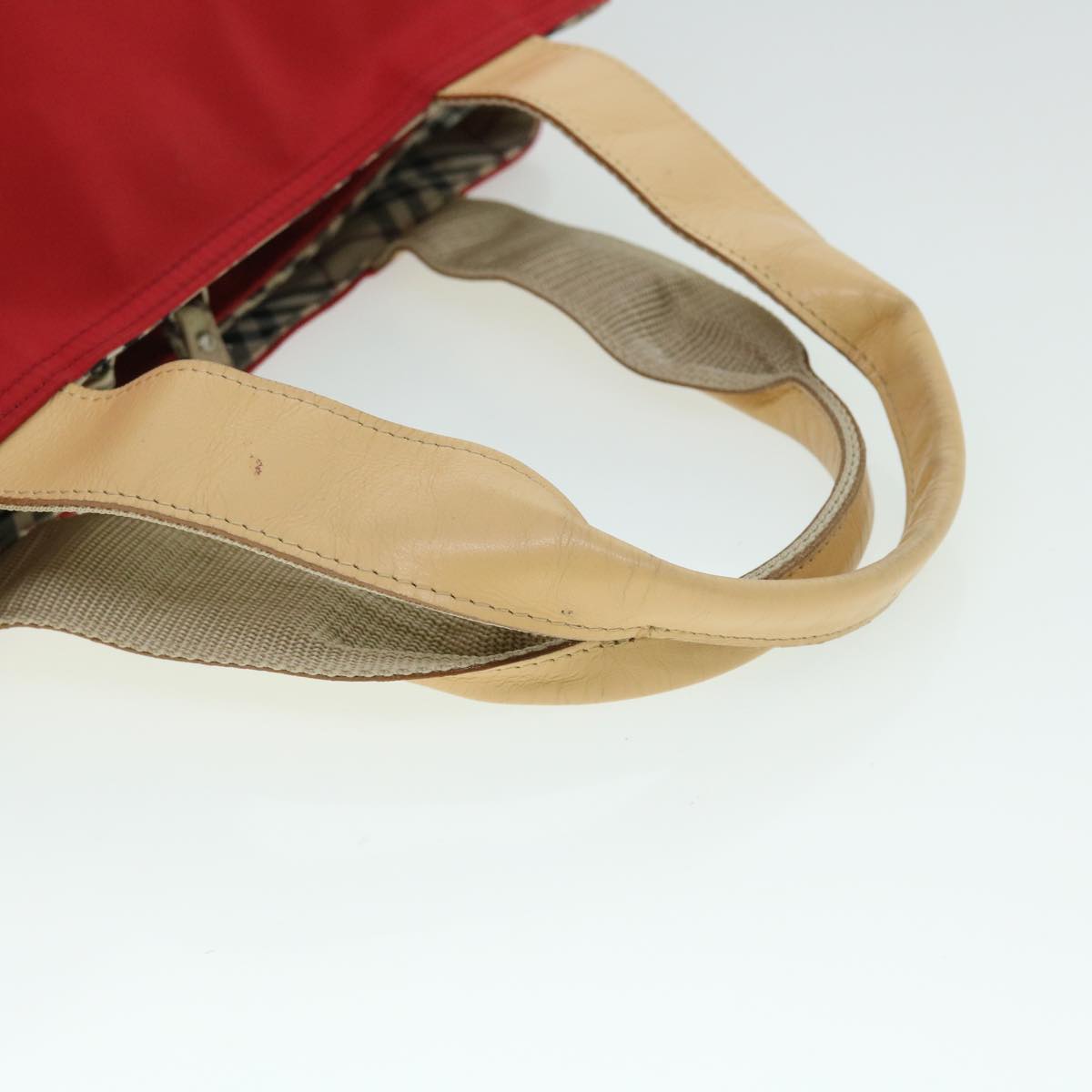 Burberry Nova Check Hand Bag Nylon Leather Red Beige Auth ac2171