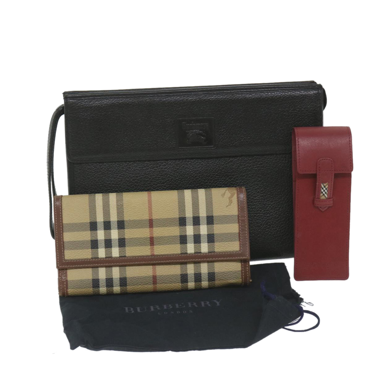 BurberrySs Nova Check Clutch Bag Leather 3Set Black Red Beige Auth ac2312