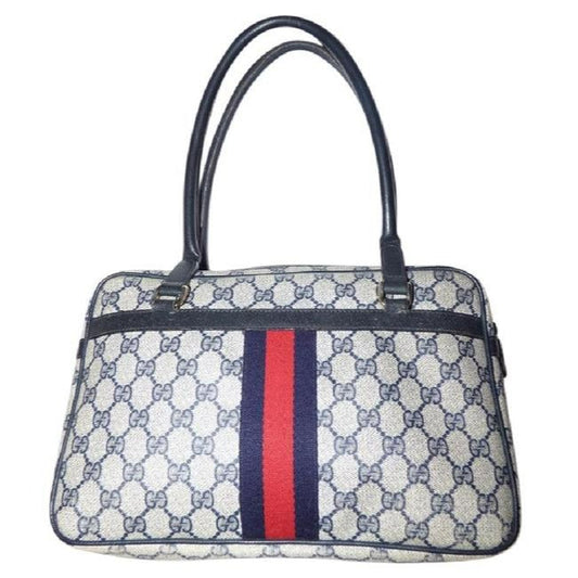Gucci Guccissima Print Coated Canvas Leather Top Handle Navy G Logo Red Blue Stripe