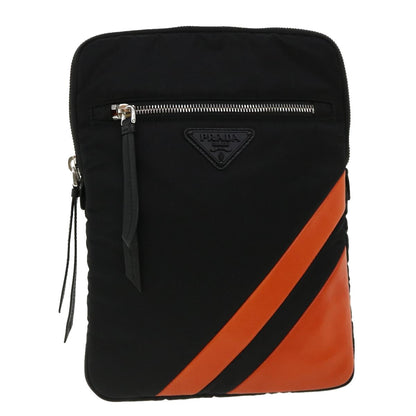 Prada Clutch Bag Nylon Leather Black Orange  ac997