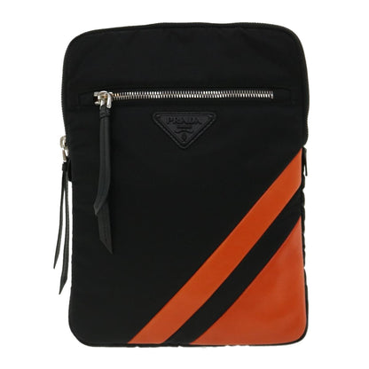 PRADA Clutch Bag Nylon Leather Black Orange Auth ac997