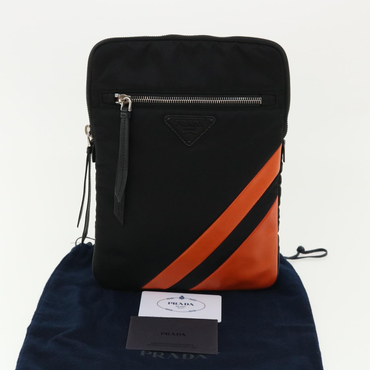 PRADA Clutch Bag Nylon Leather Black Orange Auth ac997