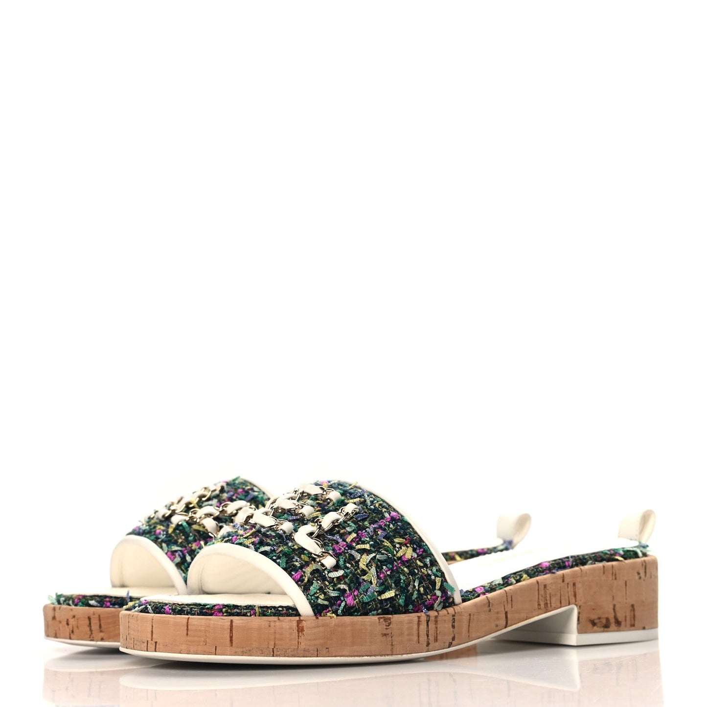 Tweed Cork CC Chain Mule Sandal 36.5 Green Multicolor