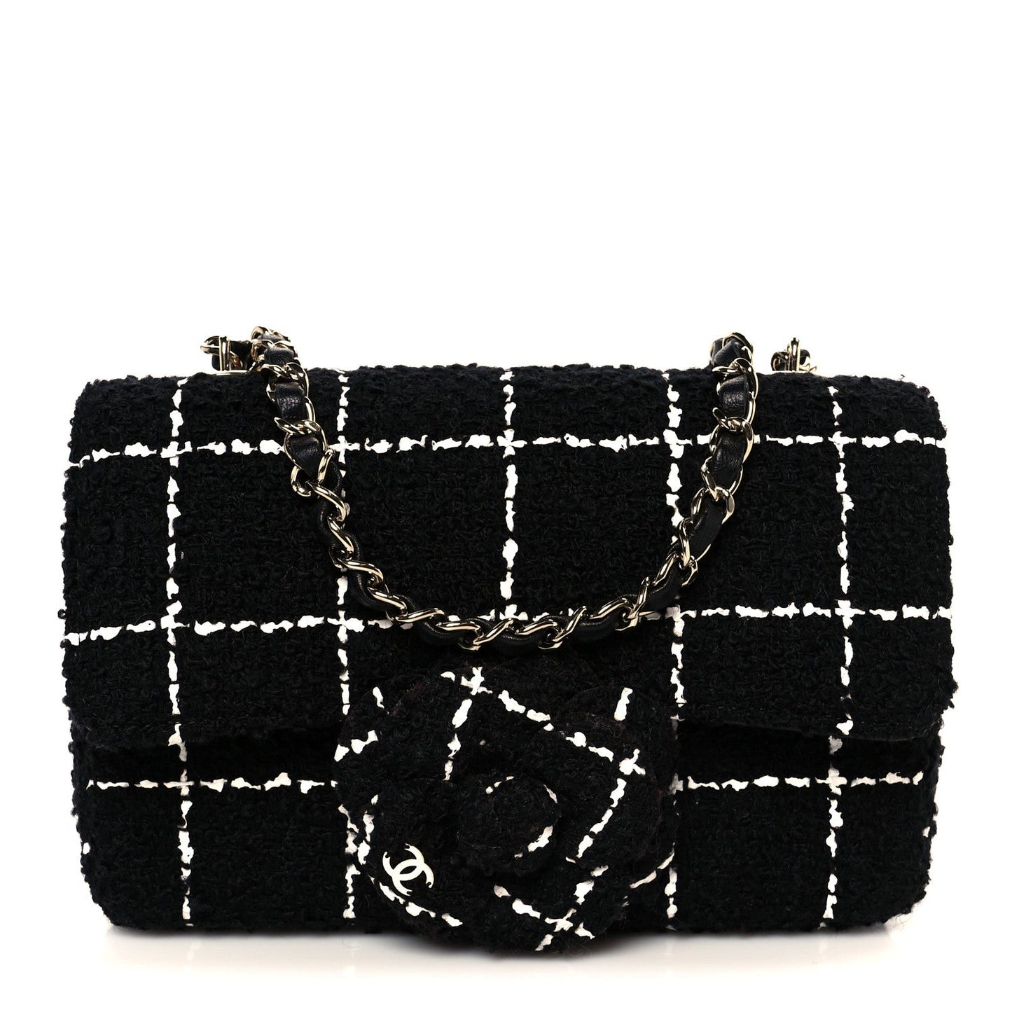 Tweed Quilted Small Camellia Flap Black White