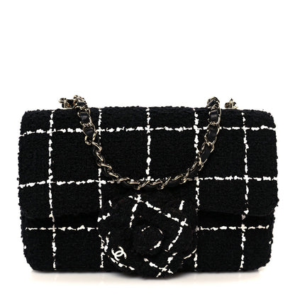 Tweed Quilted Small Camellia Flap Black White