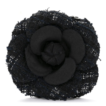 Tweed Camellia Pin Brooch Navy Blue