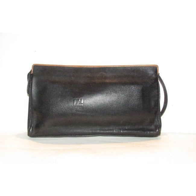 Fendi Early Sas Style Purse Black Leather With A Linear Design And Camel Trim Clutch