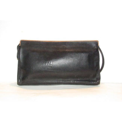 Fendi Early Sas Style Purse Black Leather With A Linear Design And Camel Trim Clutch
