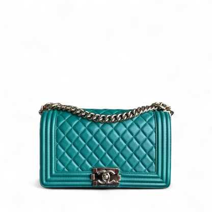 Chanel Boy Medium - 25CM Quilted Lambskin Green Gold Hardware Series 28