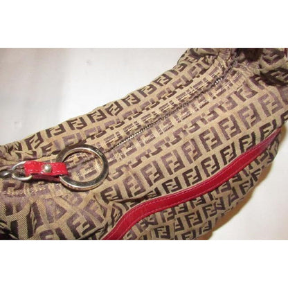 Fendi Chef Shoulder Purse Brown Zucchino Or Small F Logo Print On Tan Canvas And Red Leather Hobo Ba