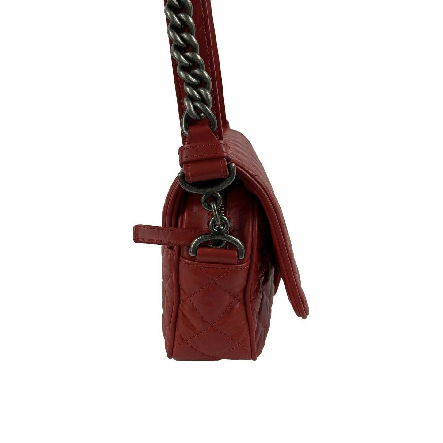 CHANEL Red Crinkled Leather Boy Chain Flap Bag / Silver-Aged - Shoulder Bag