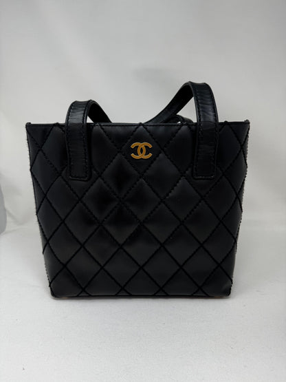 CHANEL Calfskin Quilted Small Surpique Stitch Tote Black B-