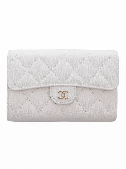 Classic Gold CC Logo Flap Caviar Medium Wallet White Chanel