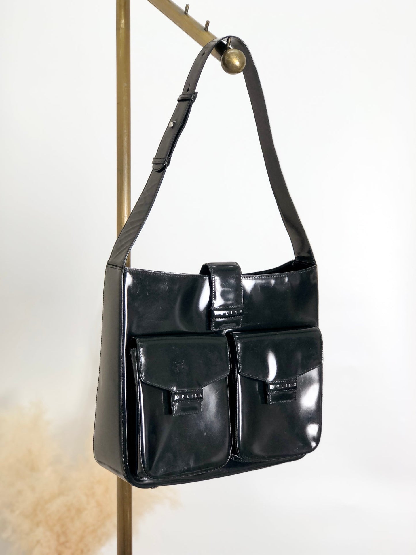 CELINE Logo Shoulder bag Black Vintage tabt7f