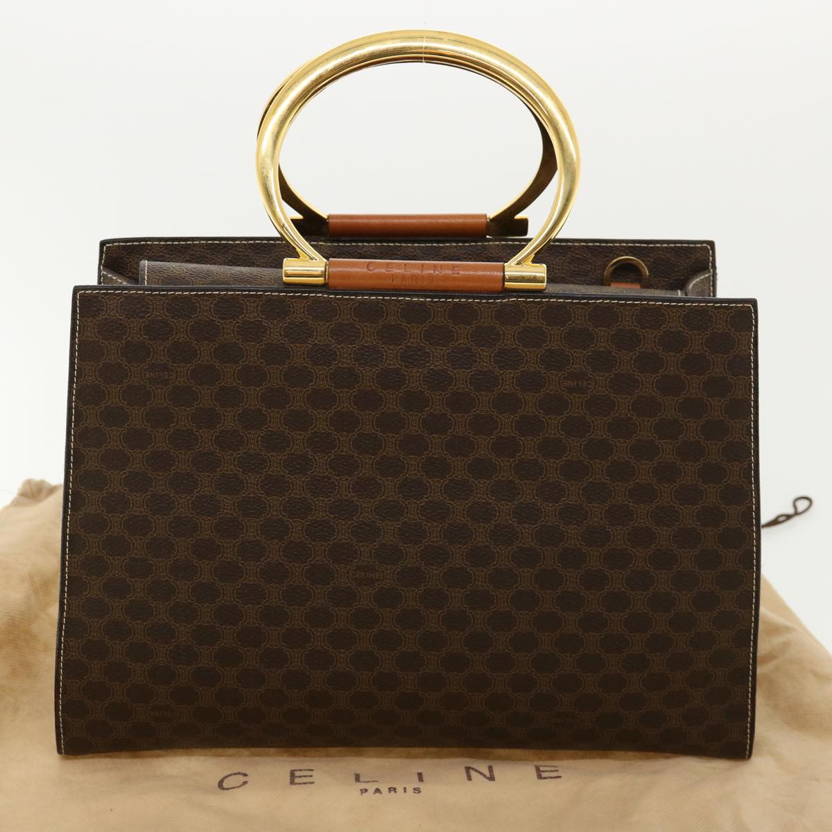 Celine Macadam Canvas Hand Bag PVC Leather Brown  am3558