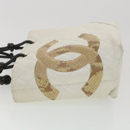 CHANEL Cambon Line Tote Bag Lamb Skin White CC Auth am3907