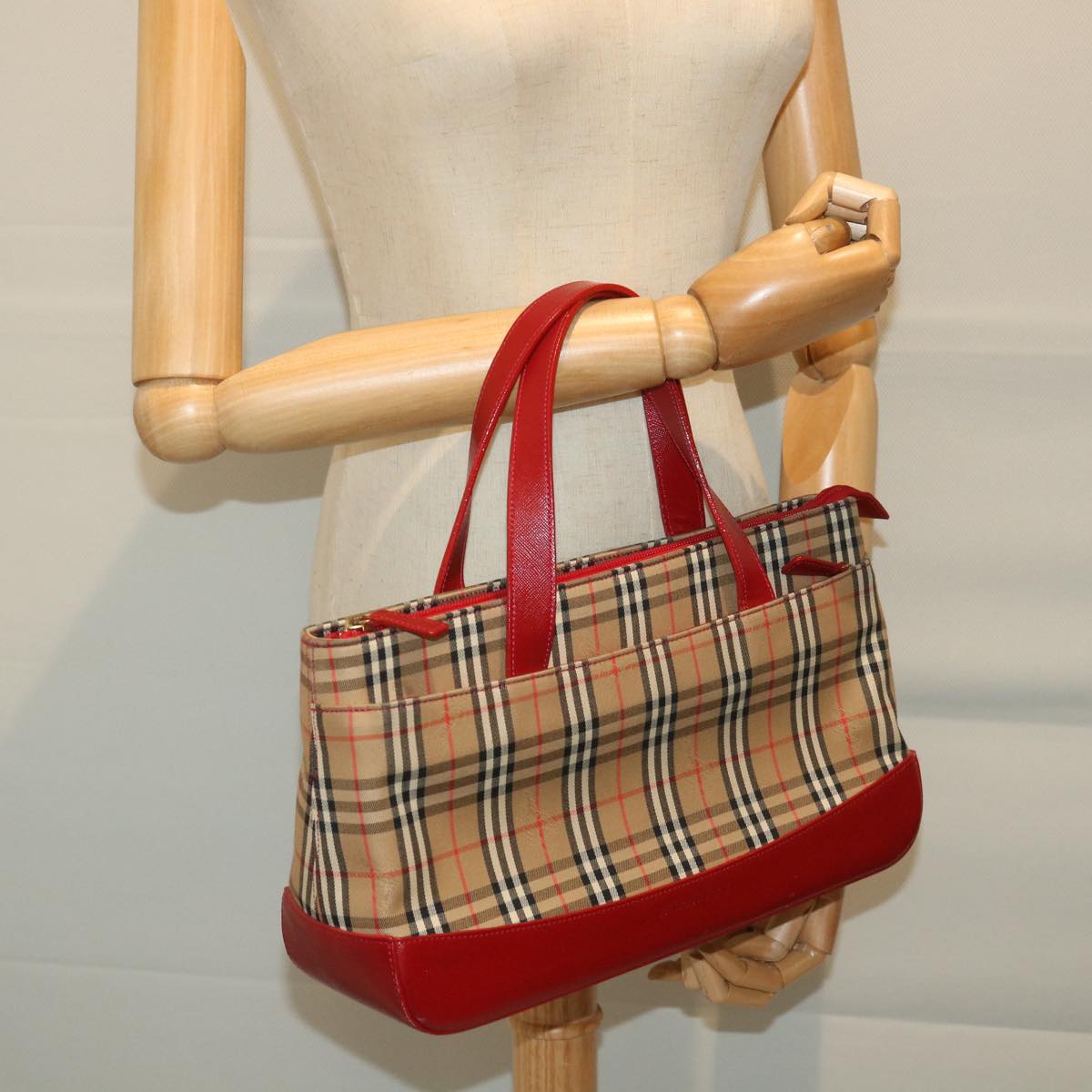 Burberry Nova Check Hand Bag Nylon Canvas Beige Red Auth am5133
