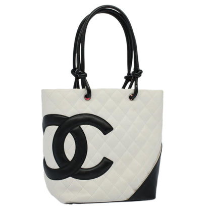 Chanel Cambon Line Tote Bag Leather White CC Auth amA