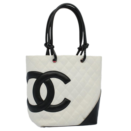 Chanel Cambon Line Tote Bag Leather White CC Auth amA