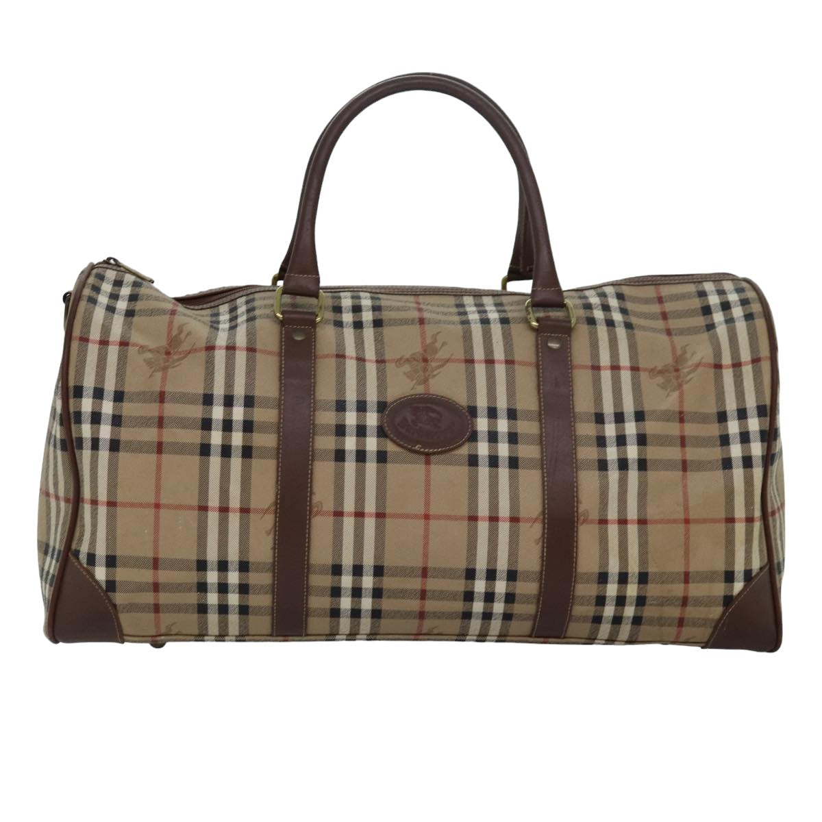 BURBERRYSs Nova Check Boston Bag PVC Leather Beige Brown Auth am6514