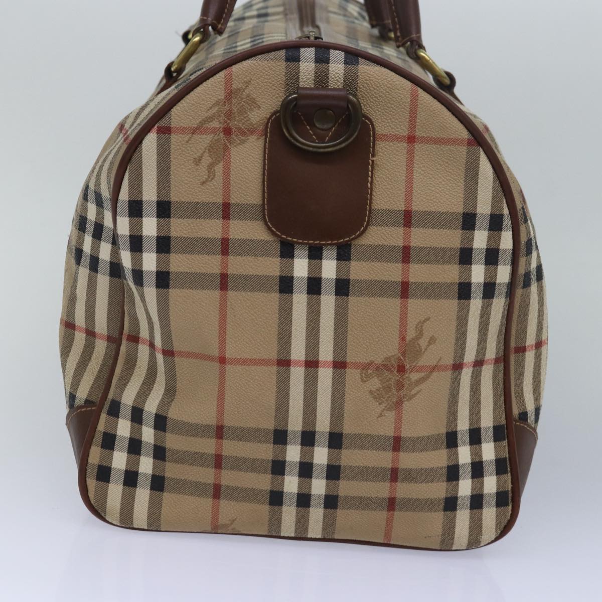 BURBERRYSs Nova Check Boston Bag PVC Leather Beige Brown Auth am6514