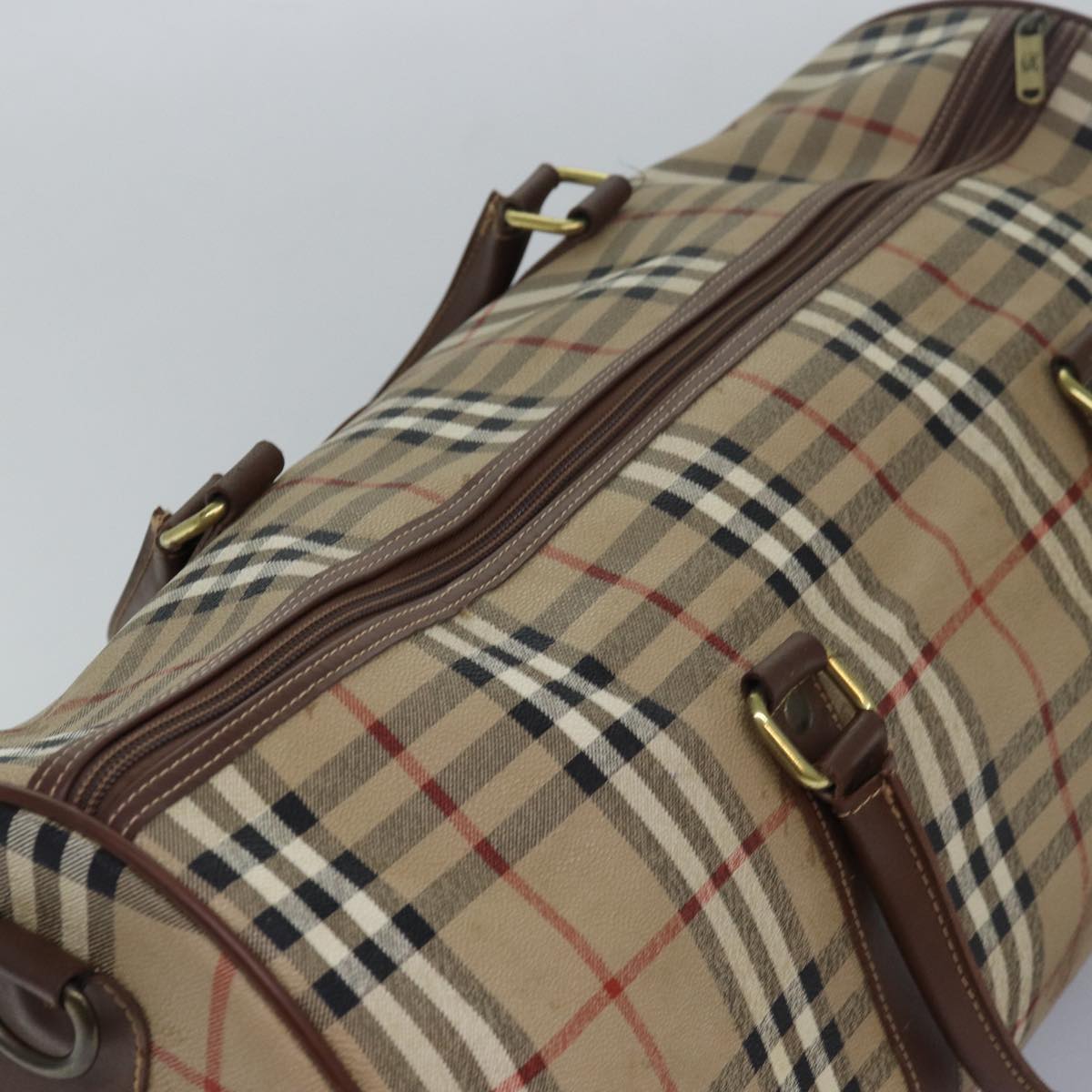 BURBERRYSs Nova Check Boston Bag PVC Leather Beige Brown Auth am6514
