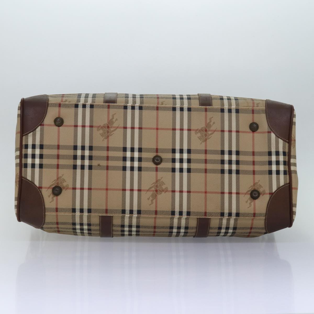 BURBERRYSs Nova Check Boston Bag PVC Leather Beige Brown Auth am6514