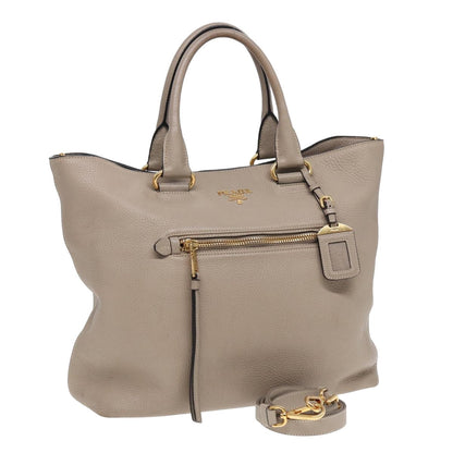 PRADA Tote Bag Leather 2way Beige Auth am6596