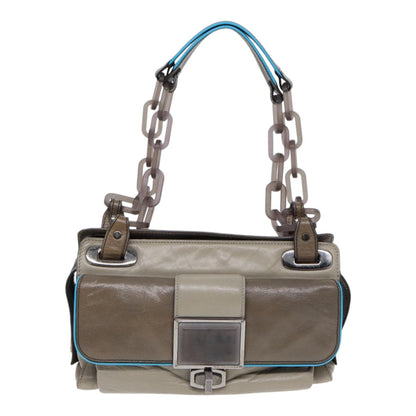 Balenciaga Turn Lock Chain Shoulder Bag Leather Beige Gray Silver Auth am6814