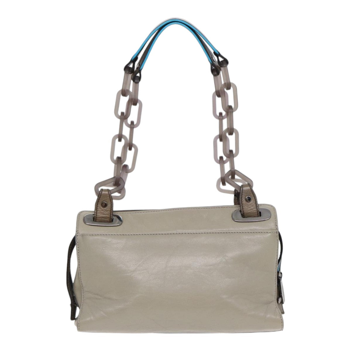 Balenciaga Turn Lock Chain Shoulder Bag Leather Beige Gray Silver Auth am6814