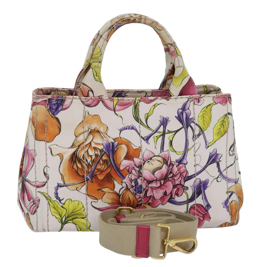 PRADA Flower Pattern Canapa PM Hand Bag Canvas 2way Multicolor Auth ar12288