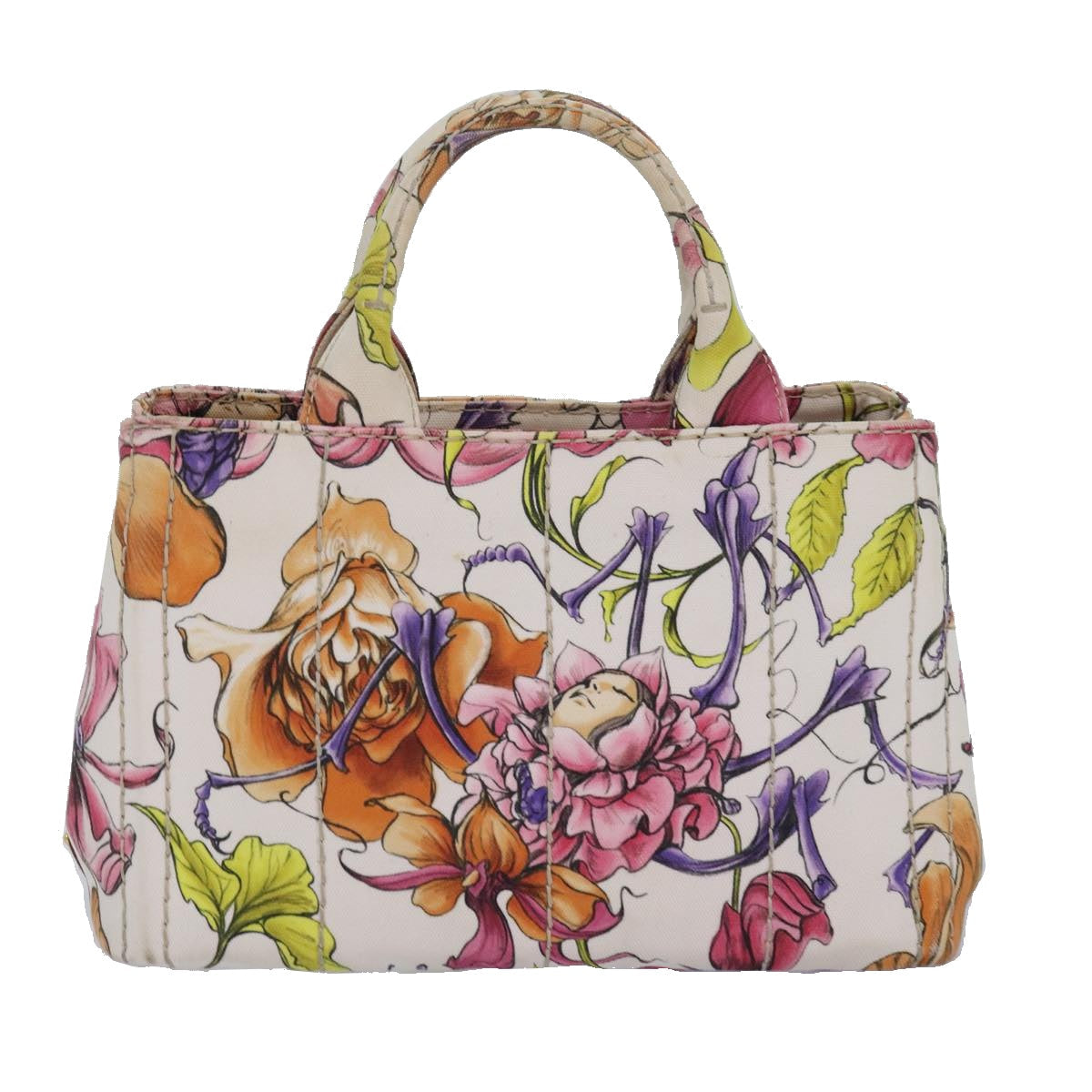 PRADA Flower Pattern Canapa PM Hand Bag Canvas 2way Multicolor Auth ar12288